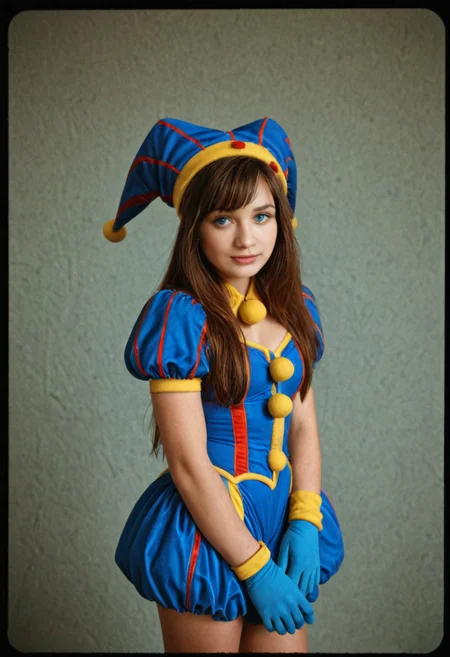 analog film photo <lora:Coll-PomniXL:1> 1girl, blue eyes, blue gloves, coll-pomni, gloves, hat, jester cap, long hair, looking at viewer, puffy short sleeves, puffy sleeves, solo . faded film, desaturated, 35mm photo, grainy, vignette, vintage, Kodachrome, Lomography, stained, highly detailed, found footage