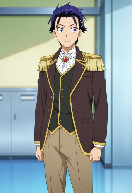 masterpiece, best quality, very aesthetic, high resolution, ultra-detailed, absurdres, newest, scenery, depth of field, official style, anime screencap , , , 1boy, solo, male focus,  <lora:Raku_Ichijou:0.92>, raku ichijou, blue hair, blue eyes, short hair, hairclip, slicked back hair, white shirt, formal, vest, cosplay costume, epaulettes, ascot , formal jacket, brown pants