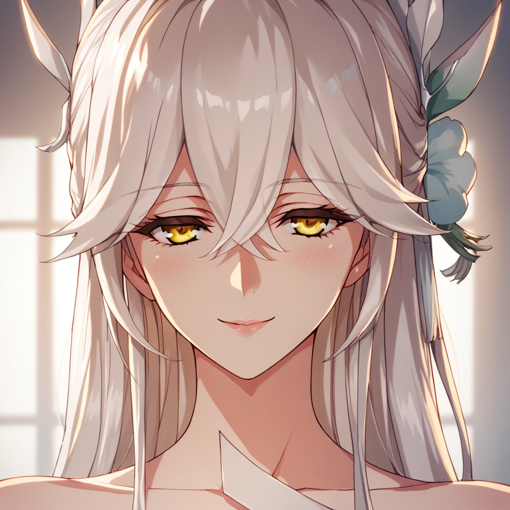 vysis, white hair, long hair, hair ornament, yellow eyes, seductive smile, portrait, close up, <lora:Pony-XL-Vysis:1>, score_9, score_8_up, score_7_up, score_6_up, source_anime,