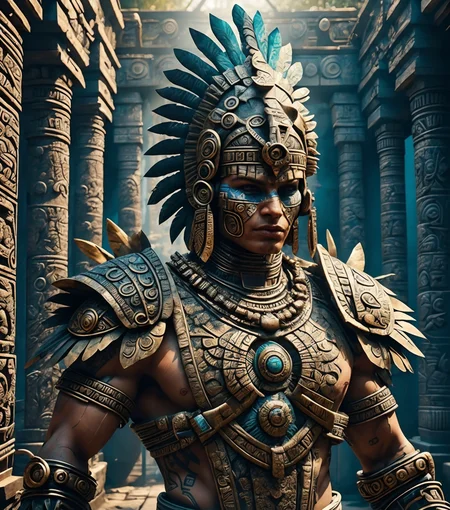 RAW photo, (masterpiece:1.3), subsurface scattering, heavy shadow, (high quality:1.4), (intricate, high detail:1.2), professional photography, HDR, High Dynamic Range, realistic, ultra realistic, photorealistic, high resolution, film photography, ambient lighting, atmospheric effects, <lora:detail_slider_v4:2>, OverallDetail, a male aztec warrior, headdress, intricate armor, upper body shot, jewelry, necklace, bracelets, aztcar, in a temple, <lora:Aztec_Architecture:0.6>, <lora:AztecChar:0.66>, aztar,