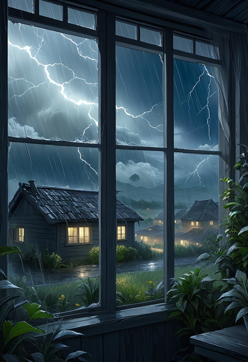 Best quality, masterpiece,
View at night thunderstorm from window village house, village outside and plants under strikes of strong wind, wrath of nature