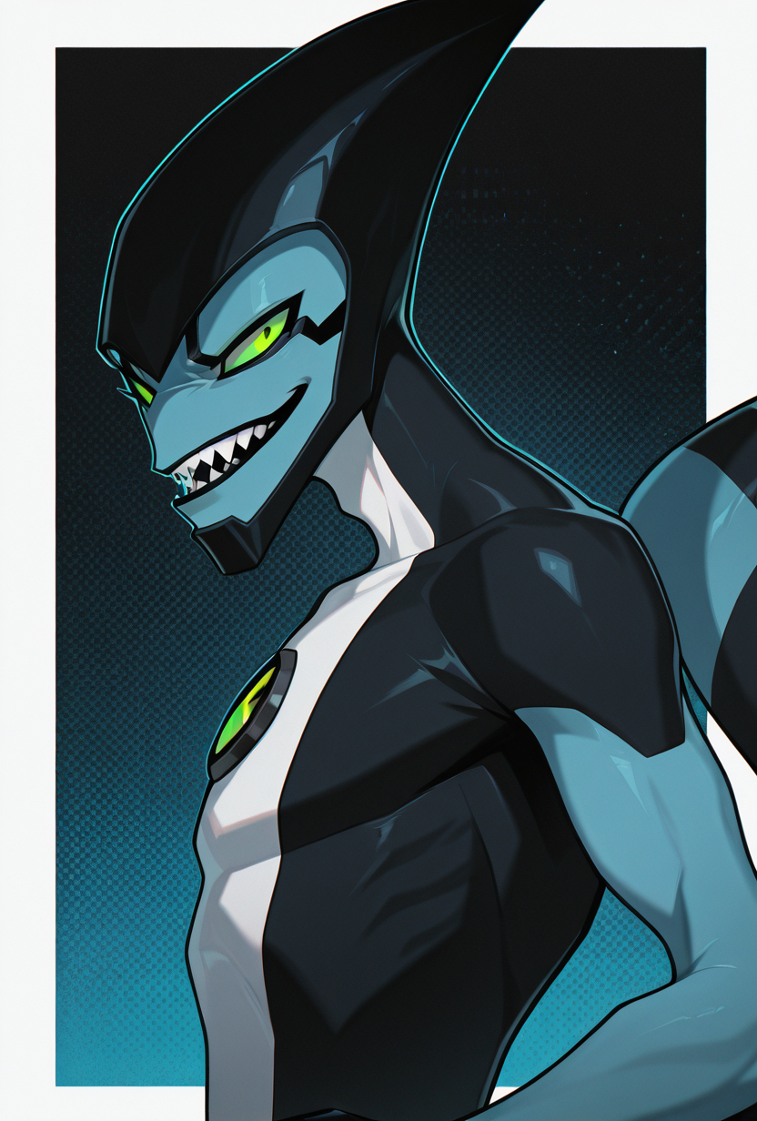<lora:xlr8-08:1> xlr8, solo, green eyes, blue skin, black lips, stripped tail, black mouth strip, 1boy,  black claws, mad, side view, looking at viewer, sharp teeth,, masterpiece, best quality, amazing quality, very aesthetic, absurdres, newest,, upper body, halftone effect, white borders, abstract background:1.2,