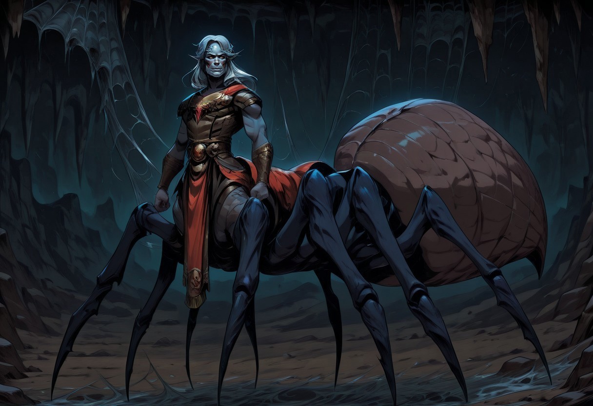 masterpiece, best quality, newest, absurdres, highres, PaintedComic-V5.0, HadesCharacterArtstyle-IL-V1.0, 1boy, spider, spider lower body, human upper body, humanoid upper body, taur, centauroid,  monster boy, male drider, arthropod boy, spider boy, spider web, web, webbing, cave, spider webs