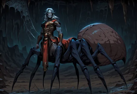 masterpiece, best quality, newest, absurdres, highres, PaintedComic-V5.0, HadesCharacterArtstyle-IL-V1.0, 1boy, spider, spider lower body, human upper body, humanoid upper body, taur, centauroid, monster boy, male drider, arthropod boy, spider boy, spider web, web, webbing, cave, spider webs