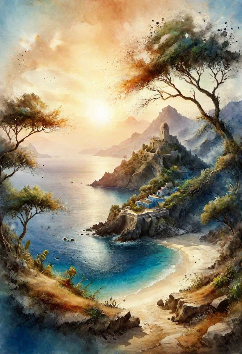 ink illustration, (masterpiece: 0.2) high detailed, bright natural lighting, shadows, high contrast, a tropical island with jungle and ancient ruins of the lost city of Atlantis, mountain, majestic, in the Aegean sea, Santorini, sunrise, trees, vines, overgrown, ink stains, ink splatters, ink runs, ink spots, faded ink,ral-dissolve, linquivera, liiv1, on parchment
