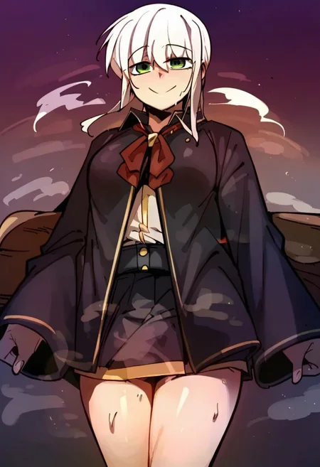 score_9, score_8_up, score_7_up, score_6_up, source_anime, rating_explicit, 1girl, solo, medium breasts, cleavage, smile, Narrow shoulders, heavy breathing, steaming body, looking at viewer, standing, curvy, EvangelineCross, green eyes, white hair, long hair, school uniform, doppel style, negative_hand