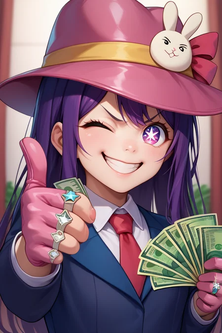 score_9, score_8_up, score_7_up, BREAK,  <lora:gangstersb-guy-PONYv1:1>, gangstersb, thumbs up, one eye closed, grin, smile, money, holding money, portrait, cropped torso, ring, formal, hat, necktie, suit, striped, solo, <lora:oshinoko_aihoshino_ponyXL:0.9> aihoshino, rabbit hair ornament, star-shaped pupils, pink gloves, 1girl,