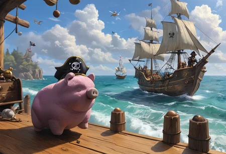 Boopig sails the seven sees, purple plush, pirates, booty, eyepatch, beard, treasure, cannon balls, multiple small boopig pirates, on a wooden pirate ship, from side, illustration, style of magic realism style, adventurous, happy, fun, majestic, masterpiece