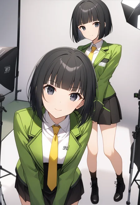 score_9, score_8_up, score_7_up, source_anime, best quality, masterpiece, photography studio, models posing,
human, female, solo, cosChihhi, black hair, black eyes, hair slicked back, hime cut, blunt bangs bob cut,
green jacket, black miniskirt, yellow necktie,
<lora:lora_cosChihhi_xl_v1_pony:0.9>