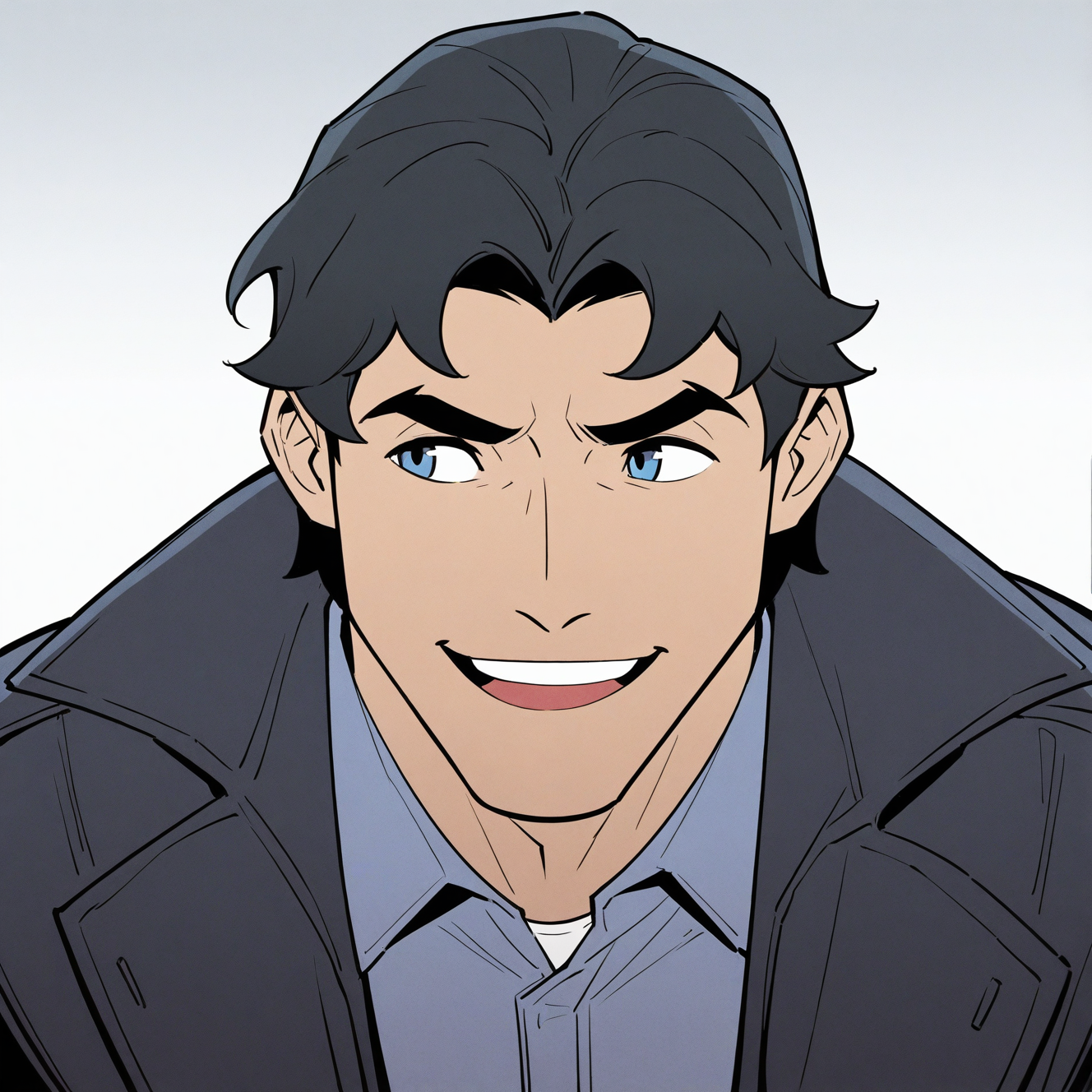 <lora:NIGHTWING_DFA-IL:1> nightwing_dfa, solo, smile, open mouth, short hair, blue eyes, simple background, shirt, black hair, 1boy, jacket, white shirt, upper body, male focus, :d, open clothes, teeth, collared shirt, grey background, black eyes, open jacket, coat, black jacket, looking to the side, gradient background, upper teeth only, thick eyebrows, blue shirt, portrait, grey shirt, black coat, open coat, bara, motion blur, film grain, abstract, natural lighting, fantasy, cinematic, dynamic, very awa, masterpiece, best quality, absurdres, newest, perfect quality, detailed background, intricate details, (artist:fl \(l-fl\):0.7), (artist:tooboshoo:0.7), (artist:dizdoodz:0.8)