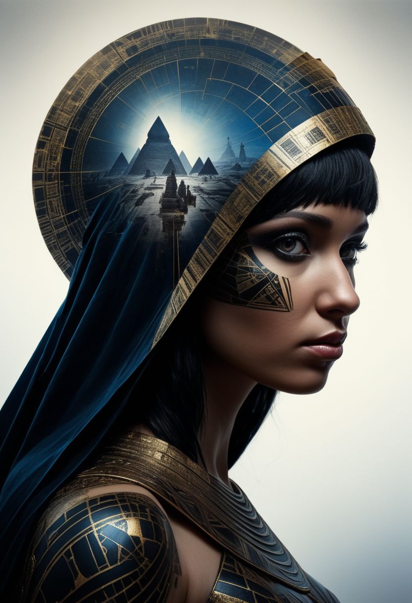 mysterious silhouette cleopatra in cape, pyramids, goddess, alluring, by Minjae Lee, Carne Griffiths, Emily Kell, Steve McCurry, Geoffroy Thoorens, Aaron Horkey, Jordan Grimmer, Greg Rutkowski, amazing depth, double exposure, surreal, geometric patterns, intricately detailed, bokeh,  perfect balanced, deep fine borders, artistic photorealism , smooth,  great masterwork by head of prompt engineering   <lora:add-detail-xl:2>  <lora:Double_Exposure:0.5>
