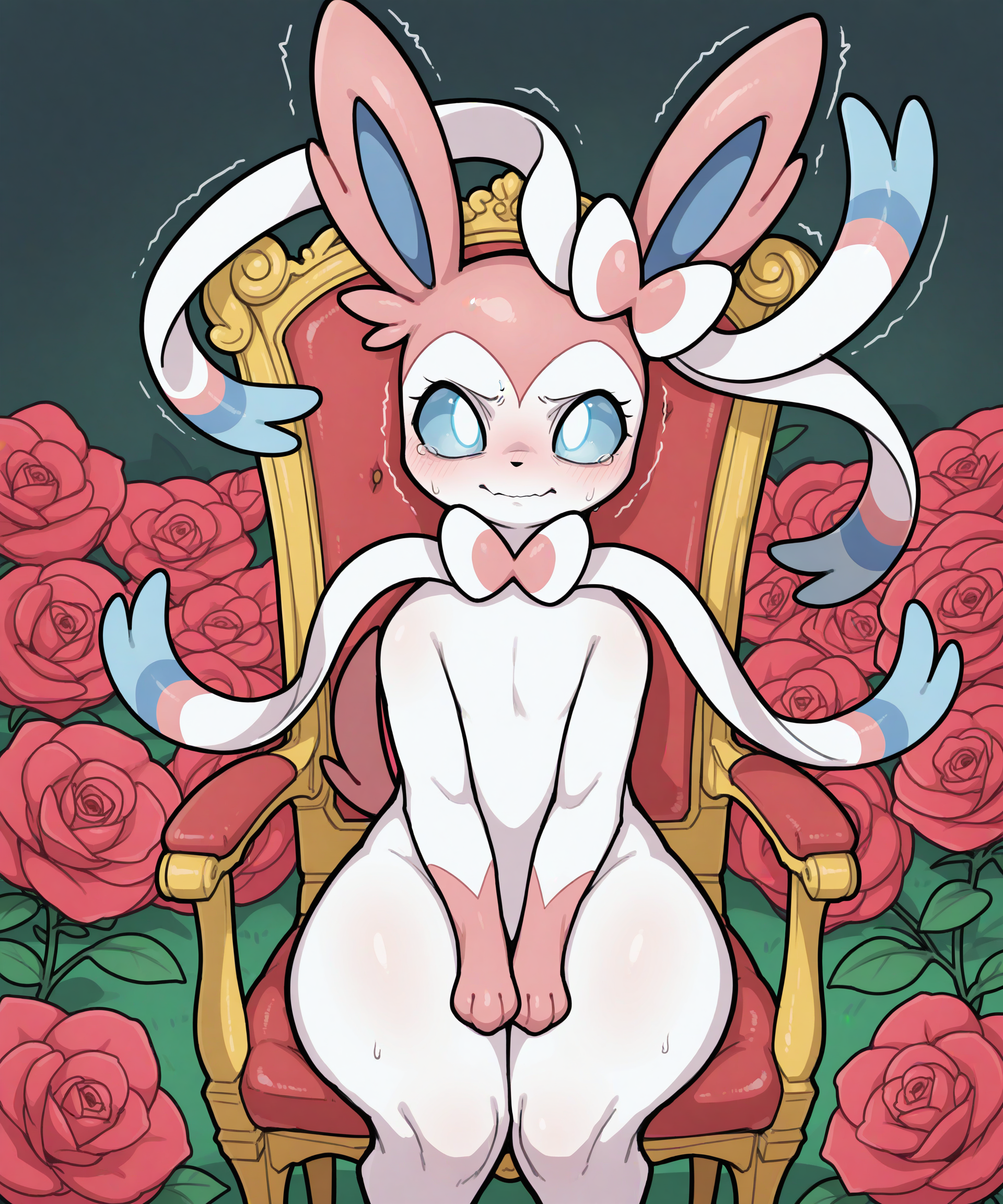 <lora:Dryadex_Style_Illustrious:0.75> absurd res, hi res, digital drawing (artwork), digital media (artwork), sylveon, anthro, pokemon (species), pokemon, eeveelution, bow ribbon, multicolored hair, ribbons, white body, slumped, in chair, afraid, wide eyes, trembling, tense posture, three-quarter view, cowboy shot, in a rose garden