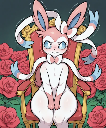 <lora:Dryadex_Style_Illustrious:0.75> absurd res, hi res, digital drawing (artwork), digital media (artwork), sylveon, anthro, pokemon (species), pokemon, eeveelution, bow ribbon, multicolored hair, ribbons, white body, slumped, in chair, afraid, wide eyes, trembling, tense posture, three-quarter view, cowboy shot, in a rose garden