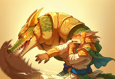 score_9, score_8_up, score_7_up, simple background, duo, nasuspdxl, brown fur, dog, jackal, Nasus slapping Renekton, motion lines, motion blur, Renekton, crocodile, scales, glowing eyes