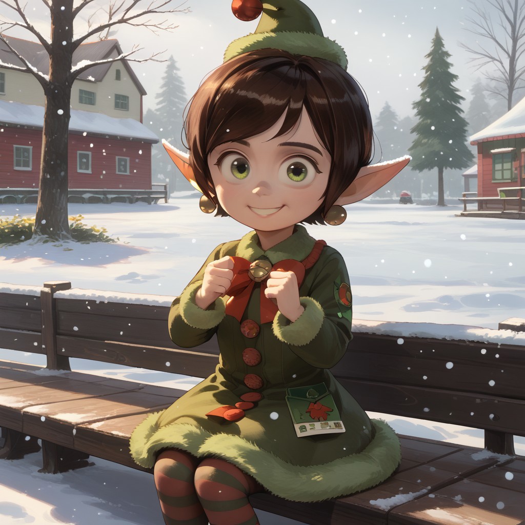 score_9, score_8, score_7, break, solo, magee_pal, 1girl, brown hair, short hair, green eyes, pointy ears, hat, earrings, bow, dress, sitting, outdoors, striped pantyhose, smiling, looking at viewer, snow, snowing, natural lighting