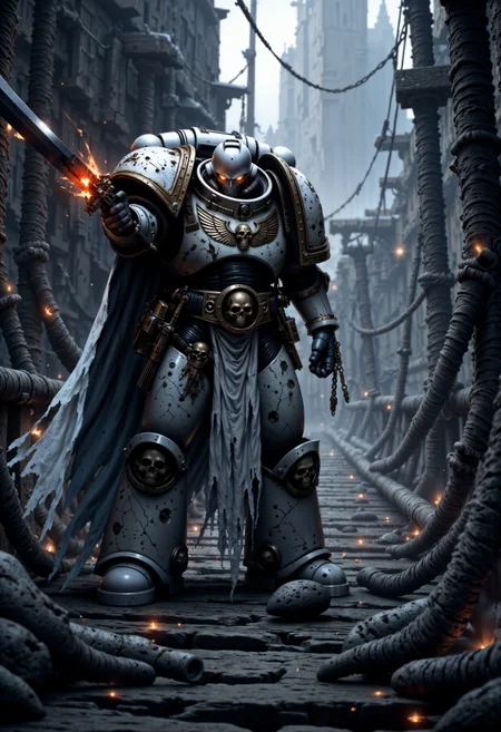 A Powerful WhiteS40K space marine, draped in tattered, white power armor that pulses with a faint, eerie glow, stands on a creaking wooden bridge. He points the tip of a massive, rune-etched sword menacingly at the camera, the blade crackling with dark energy. Shadows swirl around him, and the misty air is thick with tension. red flames flicker within his hollow eyes, reflecting the bridge's warped, splintered planks, over the sword camera view. <lora:FluxMythP0rtr4itStyle:0.7> <lora:FluxWhiteS40K:1>