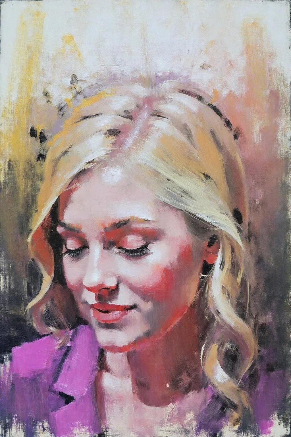 marklague1 painting.
A woman with light-colored hair is centrally positioned. Her eyes are closed. The background includes yellow, white, black, and other colors with thick brushstrokes. <lora:marklague1_cap_d8a4e12:1.0><lora:855115064271705884:0>