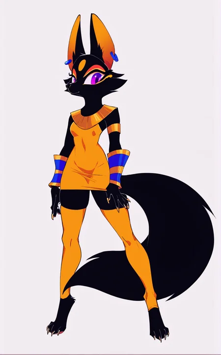 score_9, score_8_up, score_7_up,((best quality)), absurdres,((full body)), <lora:3d-2d:0.8>, <lora:PatraPMPXL:0.8>,PatraPMPXL,tail, animal ears,purple eyes, black fur, furry, furry female,earrings, jewelry, yellow dress,body fur,makeup,vambraces,egyptian, animal nose,white background,legwear, yellow legwear,feet,slim,thighhighs,short dress,standing,simple background,claws,barefoot,short dress,black skin,solo