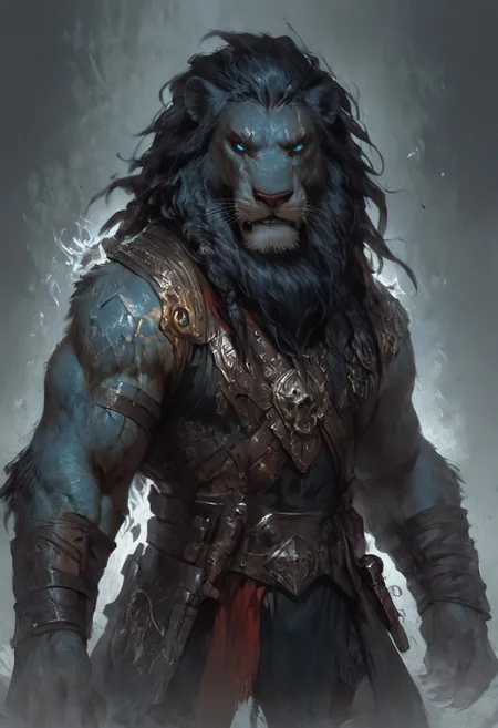 score_9, score_8_up, score_7_up, (Scar), (Leonin), (Sabertooth), (werelion), (Lion), simple stormy background, blue glowing eyes, (barbarian), (stormcaller), (infused with energy), (massive), (hulking), male, 1man, solo, (mercenary outfit), (warrior outfit), (leather outfit), (silver outfit), (menacing), wraithful, frenzy, raging, warpaint, (dark blue skin), (runic tatoos), standing up straight, calm face, (dark blue fur), (black hair), (black braids), (dark blue lion mane), (dark blue mane), long hair, closed mouth, cowboy shot, looking at viewer
