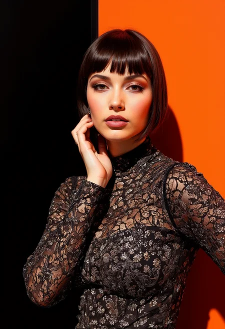 Elegant woman with sleek bob hairstyle in a patterned dress, set against a bold black and orange background