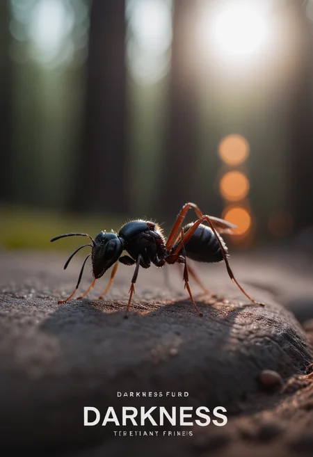 (movie poster with title and text graphics:1.4) (under the title banner text logo "D\A\R\K\N\E\S\S":1.5),a ant,(tilt shift:1.1),(gaussian blur:1.1) (high key photo masterpiece:1.1) raw photo,(film grain:1.1),depth field,bokeh,Best quality,masterpiece,ultra high res,(photorealistic:1.1),(smooth light:1.1),photorealistic,cinematic lighting, <lora:RMSDXL_Enhance:2> <lora:RMSDXL_Darkness_Cinema:2.5>