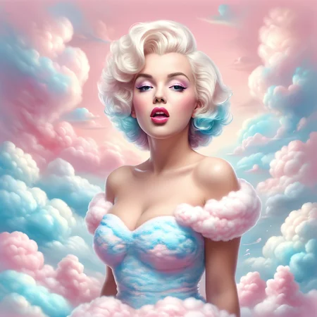 cottoncandy, surreal photo of a giant woman in classic femme style rising above cotton candy clouds, surprised expression, retro glamour hair, shoulders emerging above pastel sky, sensitive areas tastefully covered by candy vapor, dramatic perspective, majestic, highly detailed ,
<lora:add-detail-xl:0.3>, <lora:SDXLCottonCandy:1>