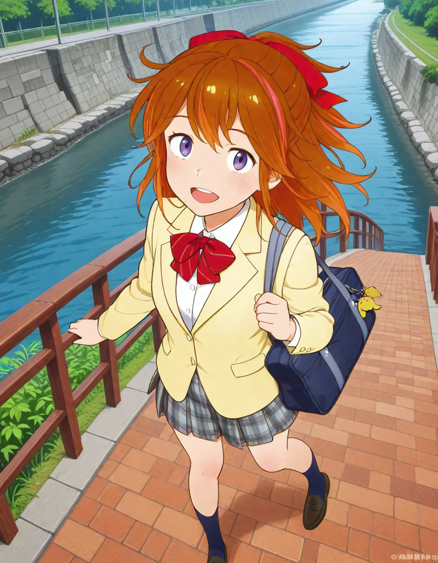 masterpiece,best quality,absurdres,official art,official style,source_anime,anime screencap,anime coloring,<lora:Hyper-SDXL-8steps-lora:1>,
<lora:uzumasa_IL:0.8>,uzumasamoe, 1girl, solo, school uniform, brown hair, multicolored hair, streaked hair, pink hair, purple eyes,long hair, red hair ribbon,  yellow jacket, plaid skirt, grey pleated skirt, dark blue socks,black loafers,red ribbon, looking at viewer, bow,  dark blue school bag, full body,
outdoors,river, :d, white background, charm (object), keychain, open mouth, smile,from above,