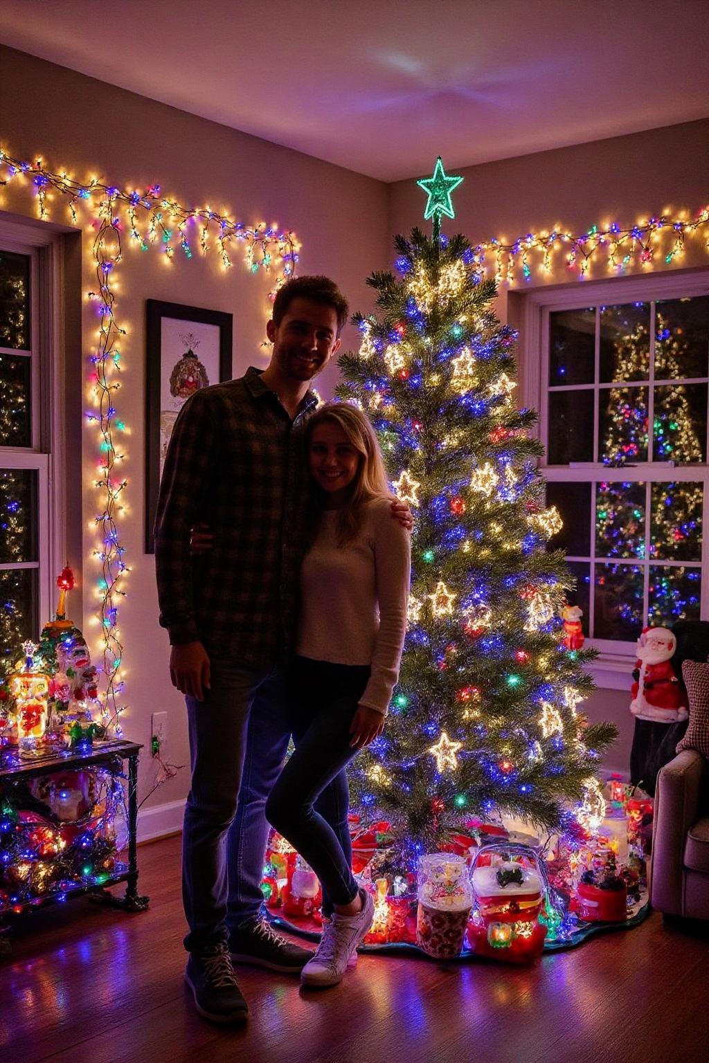 A couple posing beside a Christmas tree decorated wth with many strands of Christmas lights. There are Christmas lights all arouind the living room. <lora:xmaslight1_nocap_d6a3:1.0><lora:808039737009973793:0>