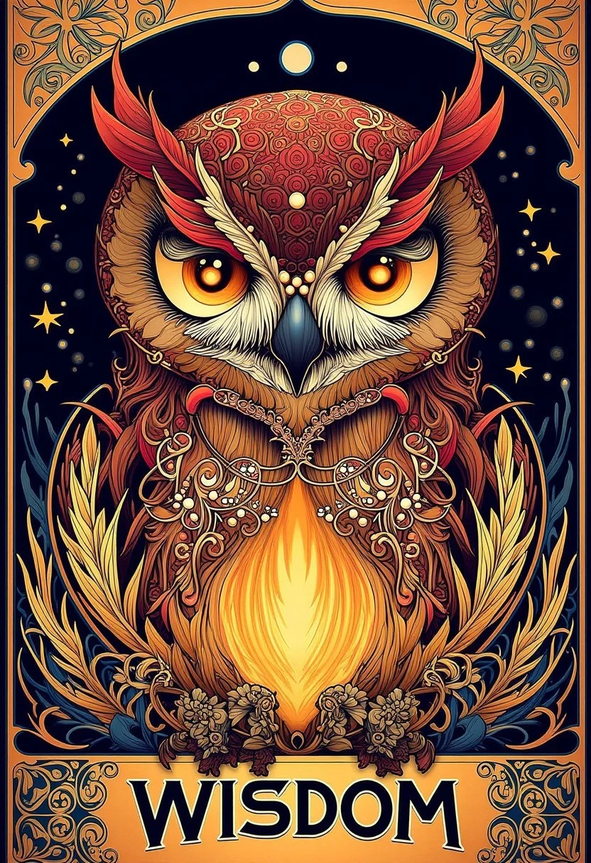 Mysterious owl with wide, glowing eyes, poster with the text “WISDOM”, visual flourishes of feathers and star patterns, illustration in the style of ARTNV