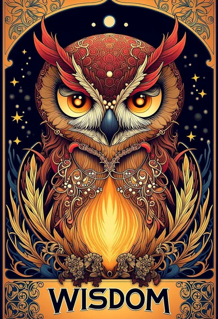Mysterious owl with wide, glowing eyes, poster with the text “WISDOM”, visual flourishes of feathers and star patterns, illustration in the style of ARTNV