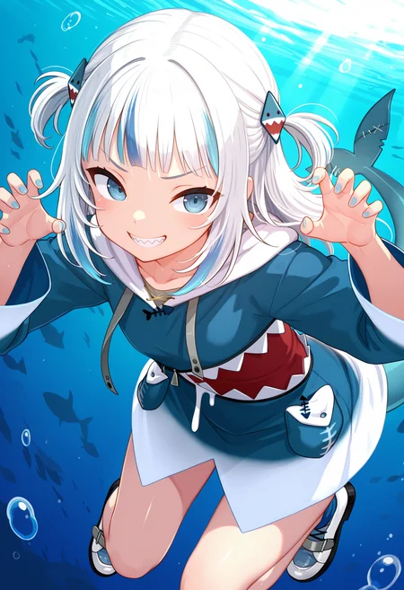 (best quality , masterpiece, good quality), 1girl, solo, gawr gura, gawr gura \(1st costume\), blue eyes, multicolored hair, streaked hair, two side up, hood down, fish tail, shoes, grin, v-shaped eyebrows, akasaaistyle, <lora:akasaaistyle_ilxl:1>,