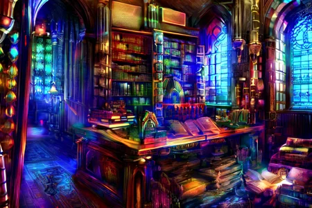 Highest quality illustration, HUD, 4k, image of
 FanStu, library, shelves filled with books, stained glass windows, leather bound books, gold fountain pens, a large ornate, writing desk, book suports, ancient artifacts, bronze sculptures 
high-quality, crisp, sharp, professional-grade, high-resolution, fine detail, accurate colors, low noise, 