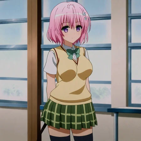<lora:momotoloveru_pony_v1:0.8> momo, momo velia deviluke, school uniform, pink hair, short hair, purple eyes, thighhighs, plaid skirt, hair ornament, 1girl, sweater vest, tail, green skirt, bow, pleated skirt, shirt, large breasts, cowboy shot