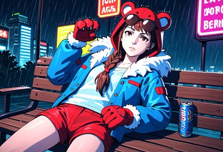 3d shading, water color painting, traditional media, score_9, score_8_up, score_7_up, Natalie-Korda, brown hair, single braid, brown eyes, open clothes, red shorts, open jacket, blue jacket, lips, night, sunglasses, denim, rain, can, bench, fur trim, cyborg, red paw gloves, bear costume, animal hood, leather jacket, cyberpunk, vending machine, neon lights, sensitive
