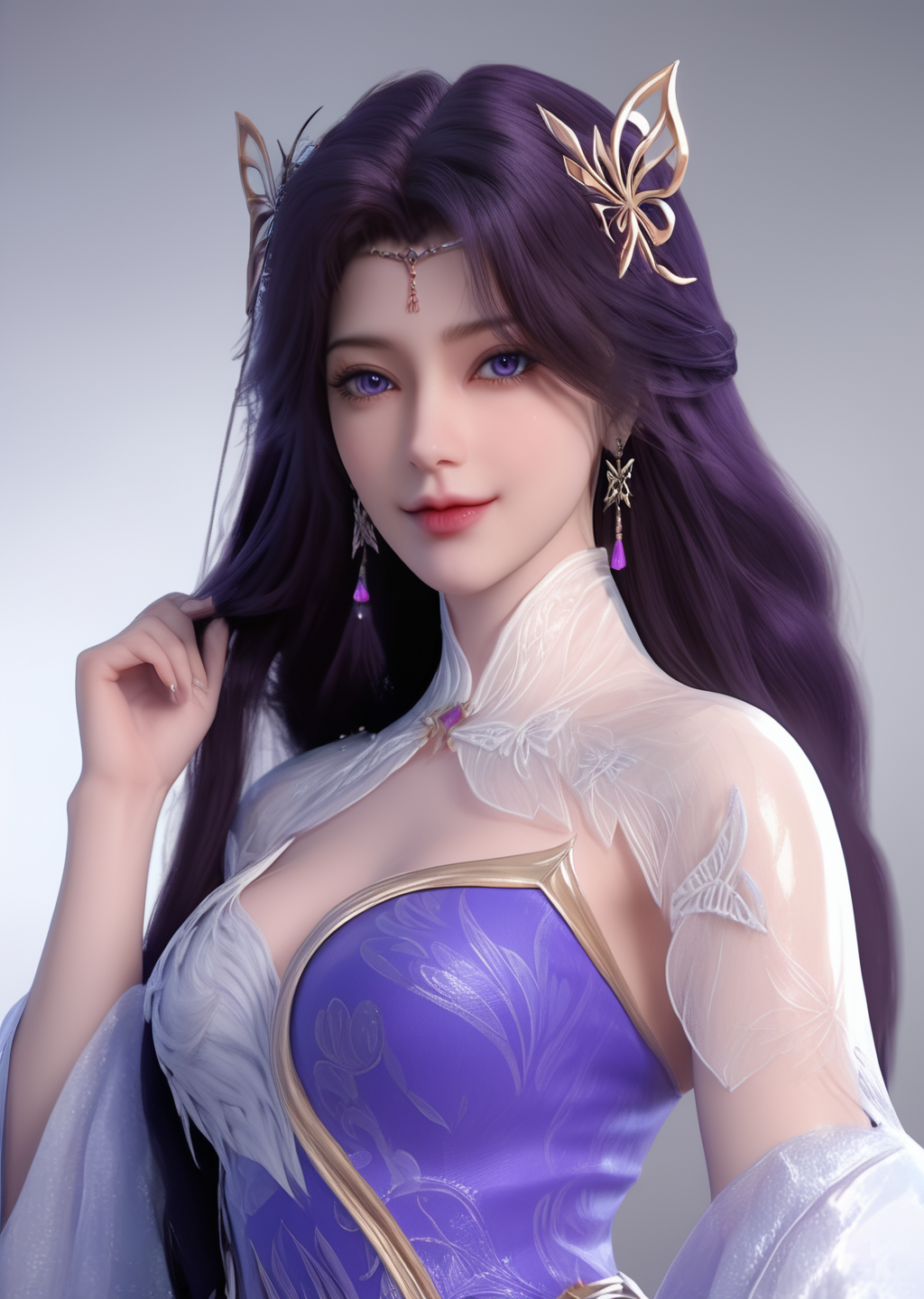 looking_at_viewer,cowboy_shot,1girl,(hair_twirling:1.5),solo,dress,hair ornament,portiart,from front,masterpiece,(best quality),official art,extremely detailed cg 8k wallpaper,((crystalstexture skin)),(extremely delicate and beautiful),solo,realistic,photo_\(medium\),hiqcgbody,purple eyes,chinese background,<lora:äºæ¦_V2-000001:1>,eye-contact,(smile:0.8),jewelry,purple with white waistband,(holding_hair:1.4),