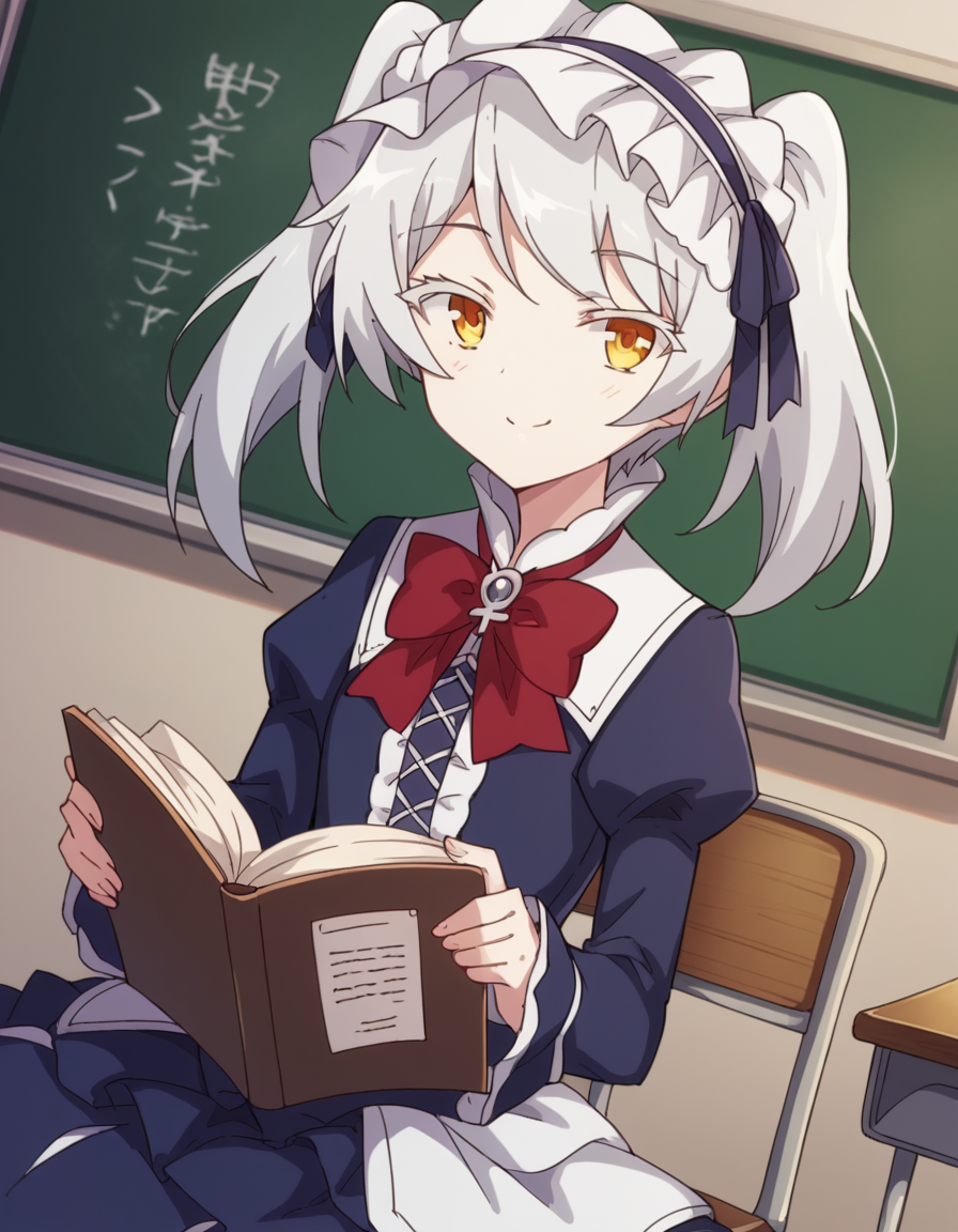 score_9, score_8_up, score_7_up, source_anime, <lora:isekaismartphone-leen-s2-ponyxl-lora-nochekaiser:1>, leen, ribbon, twintails, yellow eyes, white hair,, dress, blue dress, long sleeves, frilled dress, red bowtie, puffy sleeves, frilled skirt, skirt, blue skirt, headdress, frille headdress,, classroom, chalkboard, day time, studying, sitting, chair, desk,, smile, smile, looking at viewer, solo,, dutch angle, cowboy shot