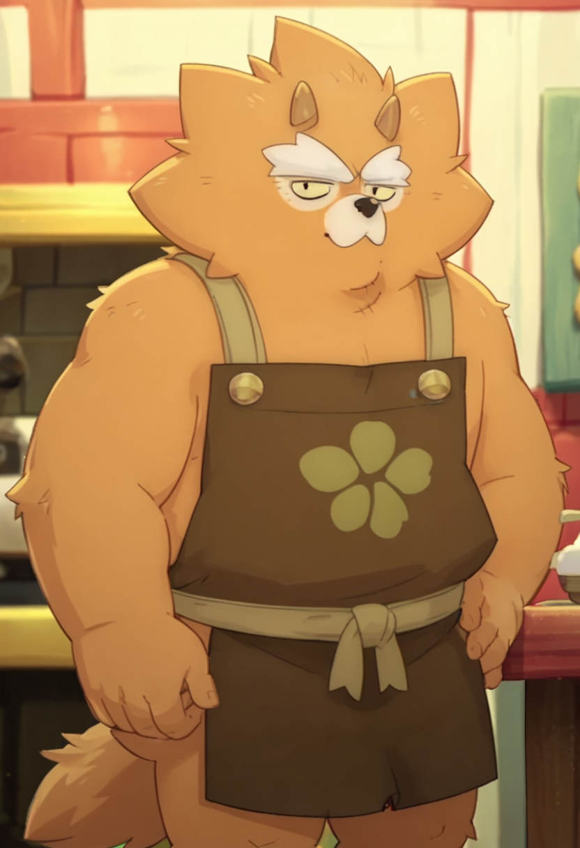 <lora:KanigrooPony1.0:1> Kanigroo, 1boy, solo, apron, furry male, male focus, orange fur, thick eyebrows, indoors, tail, old, horns score_9, score_8_up, score_7_up, score_6_up, score_5_up, score_4_up, looking at viewer,cowboy shot,