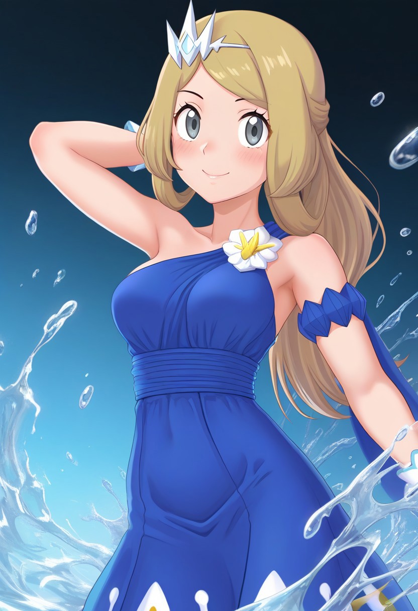 [hinosaki, leveen], 2d, masterpiece, best quality, amazing quality, 1girl, solo, close-up, standing, smile, upper body,  cowboy shot, looking at viewer, simple background, gradient background, water splashes, black background, blue background, ncserena, ncser, blonde_hair, grey_eyes, long_hair, hair_ornament, white_tiara, one_shoulder_dress, blue_dress, sleeveless, white_wrist_cuffs, bare_shoulders, blue_armlet, (mature female, grown up, adult body, medium breasts)