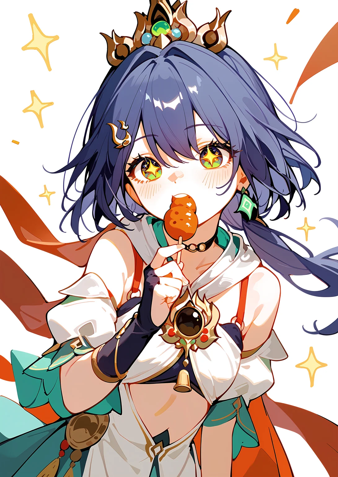 (score_9, score_8_up, score_7_up), 1girl, solo focus, yunli, crown, fingerless gloves, detached sleeves, excited, sparkling eyes, holding dango, eating, simple background, <lora:yunli-strPO-v1a:0.9>