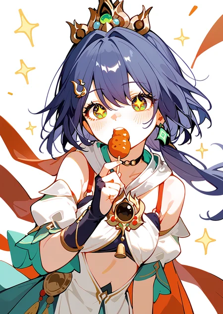(score_9, score_8_up, score_7_up), 1girl, solo focus, yunli, crown, fingerless gloves, detached sleeves, excited, sparkling eyes, holding dango, eating, simple background, <lora:yunli-strPO-v1a:0.9>