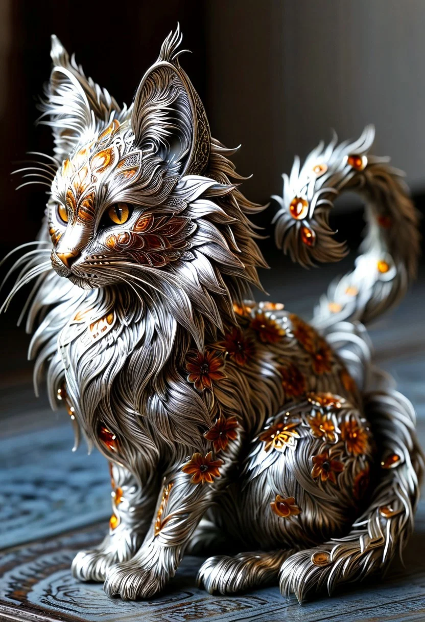 a unique, inadequate, unusual shape of random Mainecoon+botanical art object, filigree statuette, metal silver, amber eyes, cloisonne enamel minankari, intricate details, ultra sharp, exquisite details, studio photo, soft lighting, End_JewelryMorph, ral-stkdrnrc