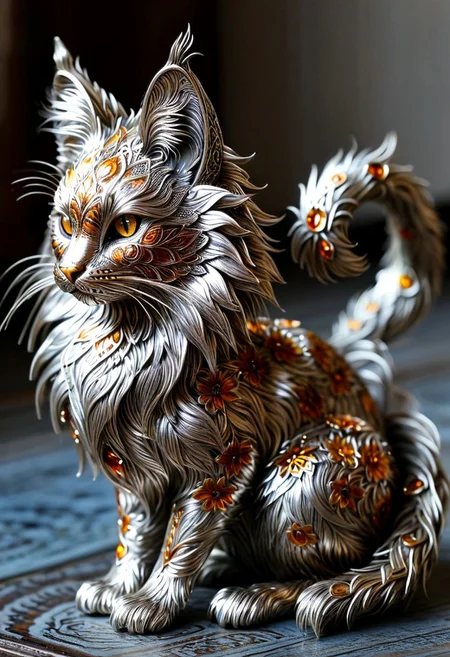 a unique, inadequate, unusual shape of random Mainecoon+botanical art object, filigree statuette, metal silver, amber eyes, cloisonne enamel minankari, intricate details, ultra sharp, exquisite details, studio photo, soft lighting, End_JewelryMorph, ral-stkdrnrc