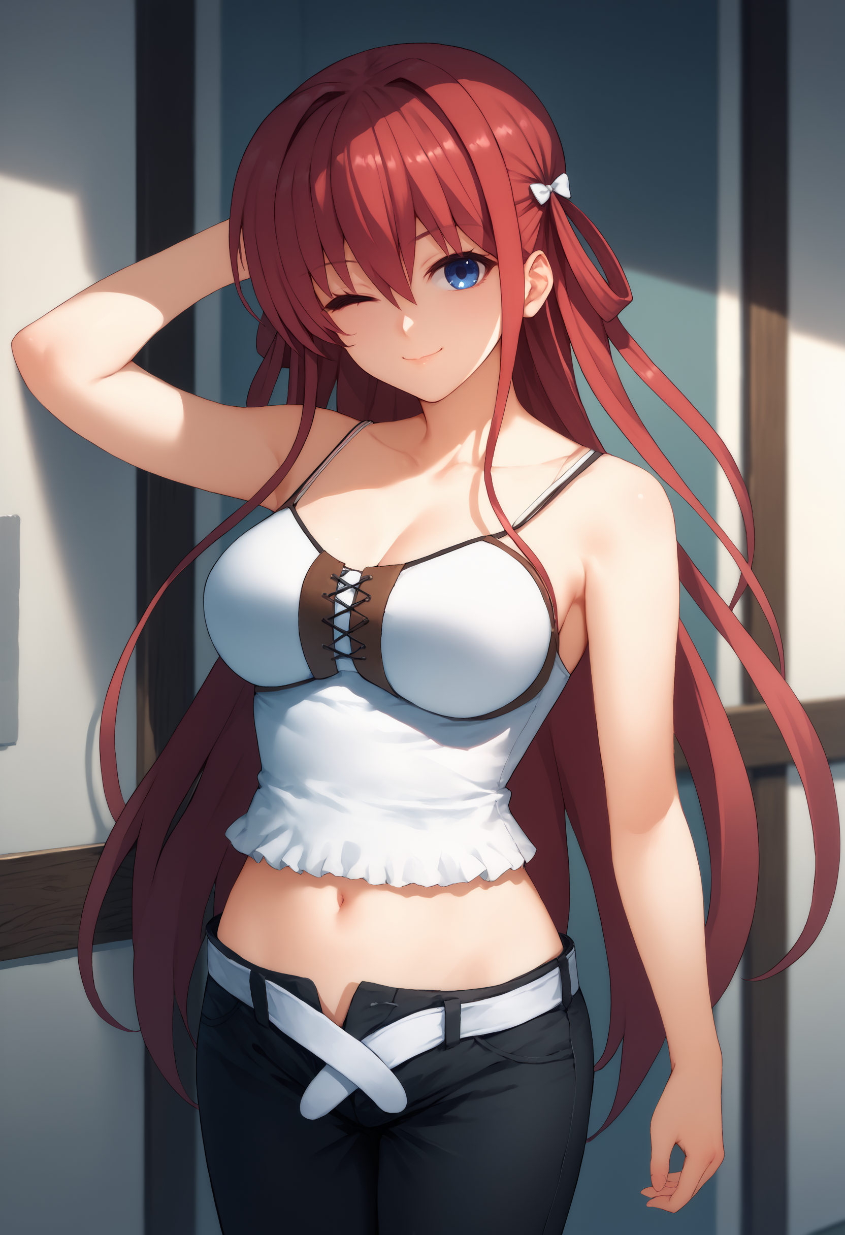score_9, score_7_up, 1girl, suou amane, two side up, long hair, red hair, blue eyes, large breasts,  white camisole, black pants, white belt, open belt, midriff, open fly,  solo, looking at viewer, smile, closed mouth, one eye closed,    <lora:Suou Amane 3-000009:1>