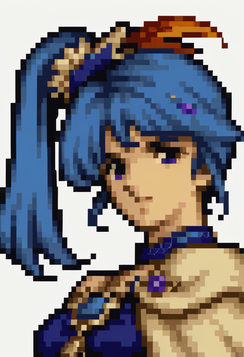 score_9, score_8_up, score_7_up, source_anime, 1girl, solo, 
<lora:zs_FE4PortraitsXL:1> fe4portraits, portrait, pixel art, white background
 <lora:hyrulelana-pdxl-nvwls-v1:1> hyLna, electric blue hair, high ponytail, hair ornament, purple eyes, blue tube top, blue straps, o-ring, midriff, capelet, detached sleeves