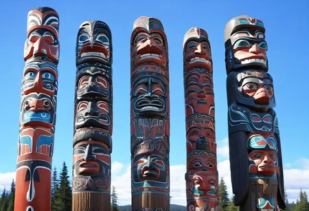 a photograph from the ground, pointing up of beautifully decorated, intricately carved, beautifully painted, wooden totem poles, native American art, with various totem animals, stands on a beautiful natural background with land, water, sky and nature present, a realistic, breathtaking tall, wooden totem, nature, natural, absurdres, breathtaking, OverallDetailX, pop Tlingit totem pole, Archi Sculpture Photography