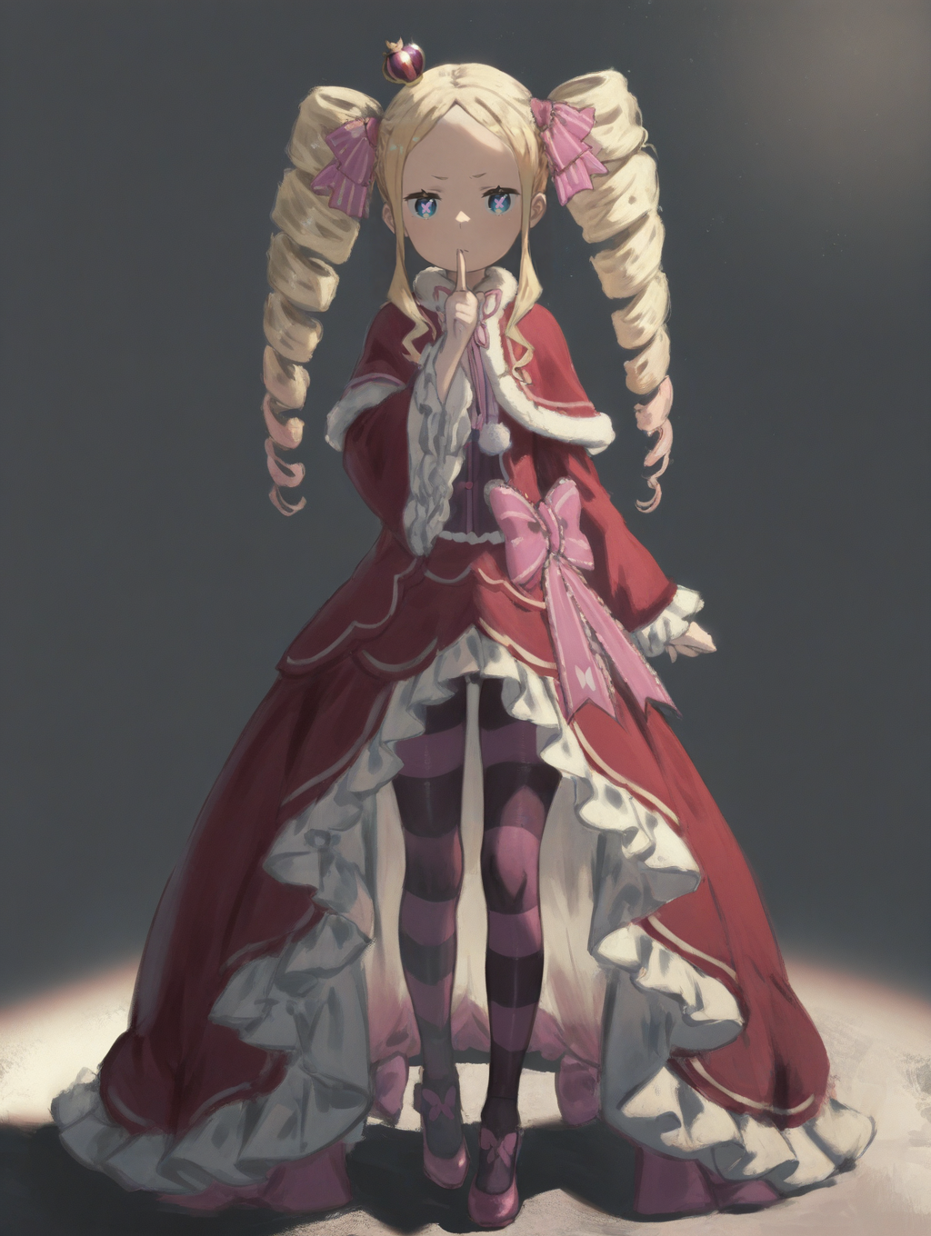 perfect quality,high quality,masterpiece,best quality,amazing quality,very aesthetic,absurdres,Cinematic Lighting,newest,Tactical use of shadow,
front view,full_shot,Disbelief,
BeatriceCYQL,1girl,solo,blonde hair,drill hair,long hair,twintails,twin drills,sidelocks,ribbon,hair ribbon,blue eyes,symbol-shaped pupils,crown,mini crown,dress,capelet,red capelet,fur-trimmed capelet,fur trim,pantyhose,striped pantyhose,striped,long sleeves,frills,frilled sleeves,red dress,frilled dress,shoes,pink footwear,bow,wide sleeves,
full body,standing,shushing,,
gray  background,simple background,
<lora:spo_sdxl_10ep_4k-data_lora_webui>,<lora:NOOB_EPSv1_1_detailer_by_vlnvk_v1_0>,<lora:shiej007>,,<lora:BeatriceCYQL:1>,