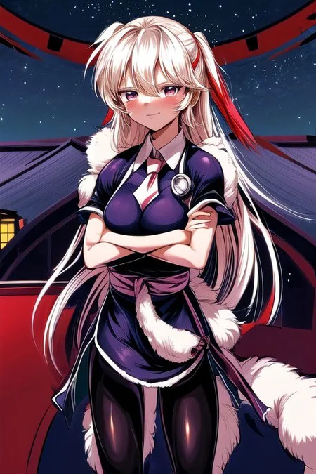 best quality 1girl Setsun4 solo long hair, (night time) forest background black hair very long hair purple eyes multicolored hair armor, small, (fur trim) (medium body),<lora:EMS-179-EMS:0.800000>,<lora:EMS-293862-EMS:0.800000> bow, hair_bow, hair_tubes, red_bow, brown_hair, long_hair, bangs, ascot, frilled_bow, yellow_ascot, blush, smile, hair_between_eyes, athletic, armor, miko, strengthmda, crossed arms, Smiling, happy