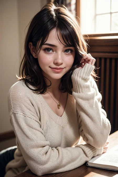 edgy pinterest woman, 20 years old, wearing a oversized sweater, happy, dimples, natural look, sunny, soft lighting, emotional, grainy