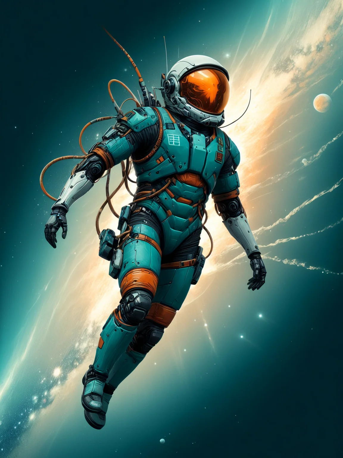 astronaut floating in space, mad-cbrpnksplshrt,<lora:Splash_Art_SDXL:1.2> teal background, (masterpiece:1.2), best quality