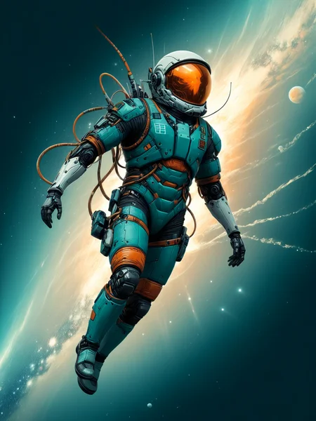 astronaut floating in space, mad-cbrpnksplshrt,<lora:Splash_Art_SDXL:1.2> teal background, (masterpiece:1.2), best quality
